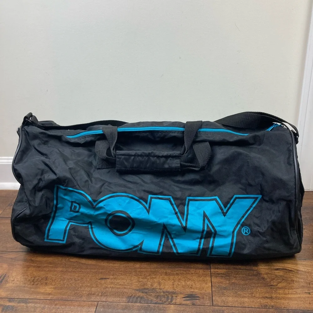 Vintage PONY Duffle Bag Luggage Large Gym Travel Shoulder Strap 1990’s Blue Logo